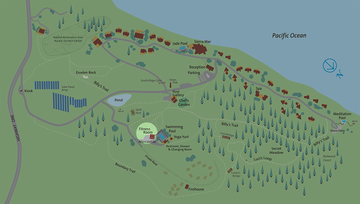 Location of Fitness Center on Post Ranch Inn property map