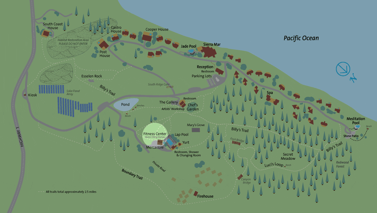Location of the Fitness Center on the Post Ranch Inn property map
