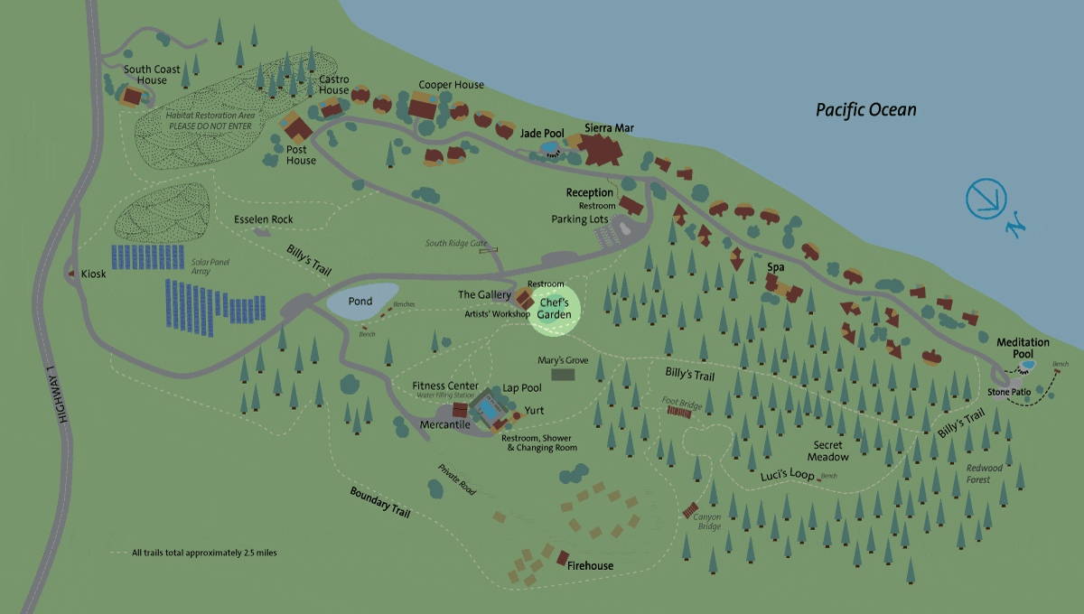 Location of Chef's Garden on the Post Ranch Inn property map