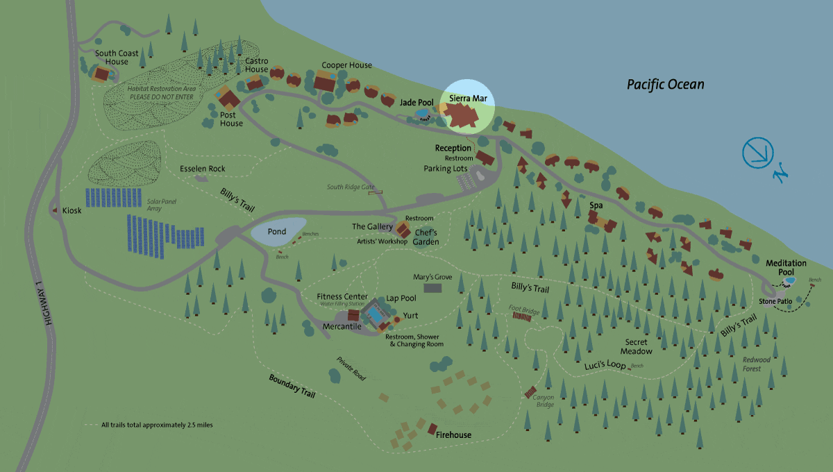 Location of Sierra Mar restaurant on the Post Ranch Inn property map