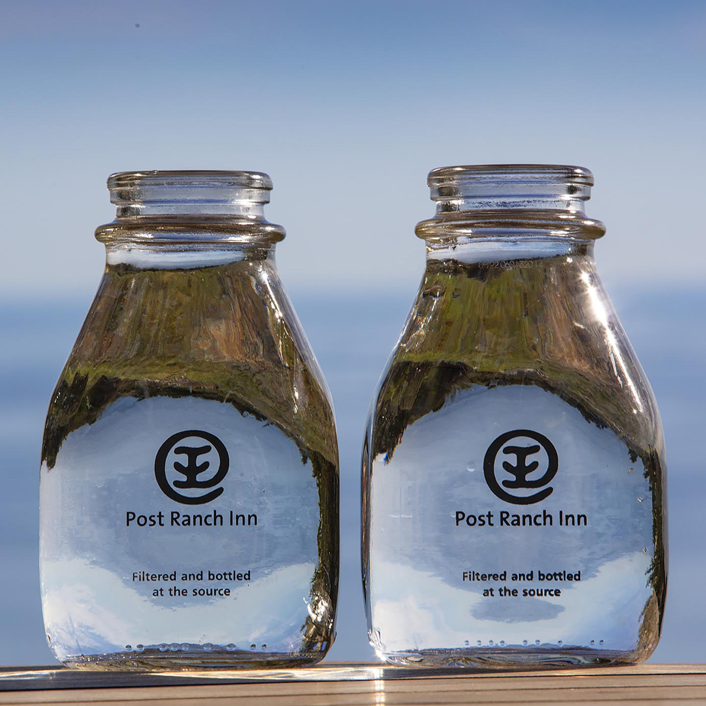 Property-sourced water bottled in reusable glass at Post Ranch Inn in Big Sur, California
